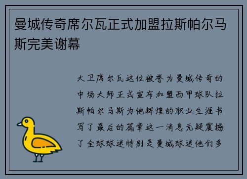 曼城传奇席尔瓦正式加盟拉斯帕尔马斯完美谢幕